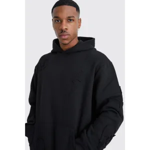 Black Oversized Raw Applique Hoodie