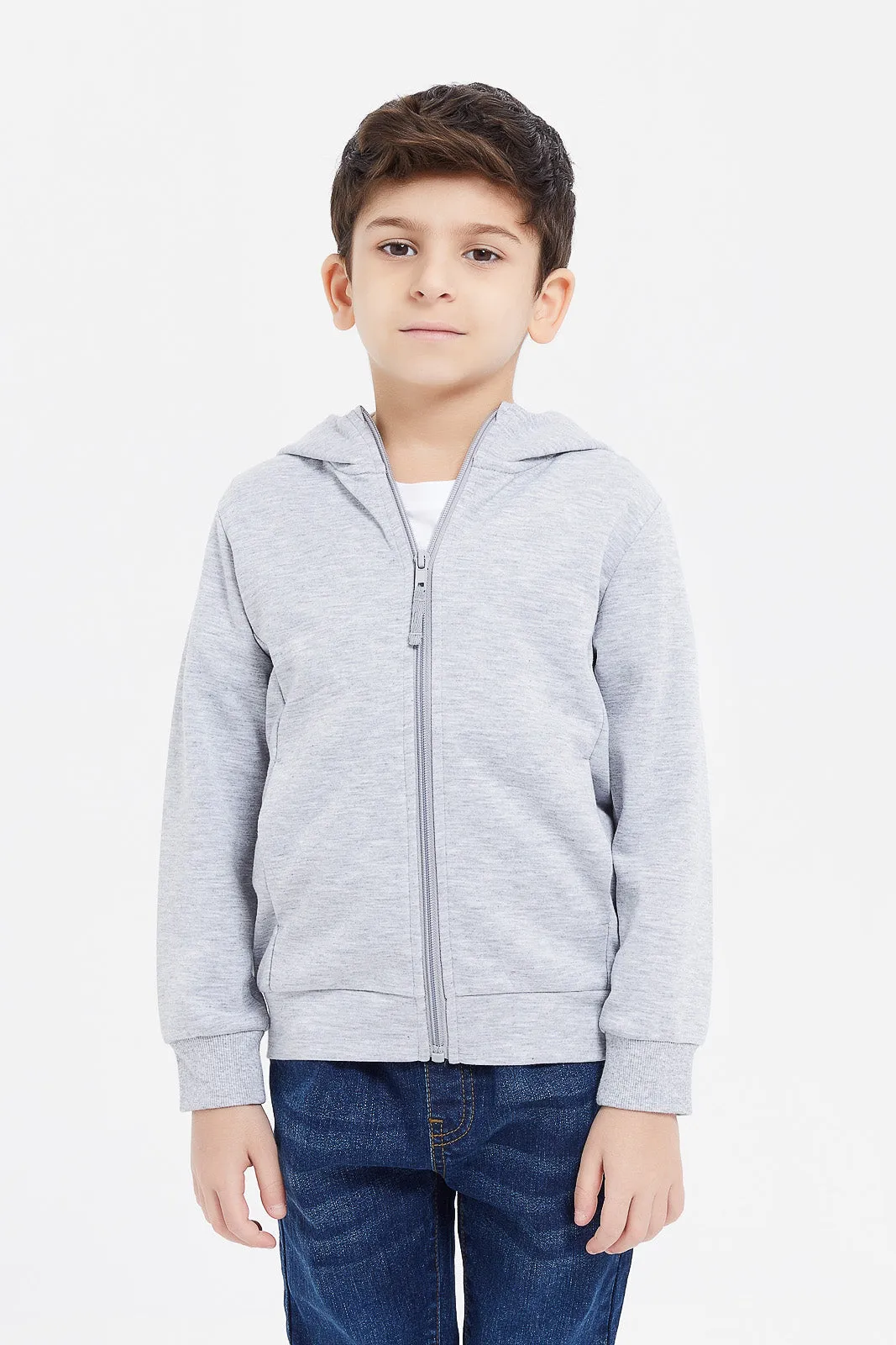 Boys Grey Zip Thru Hooded Sweatshirt