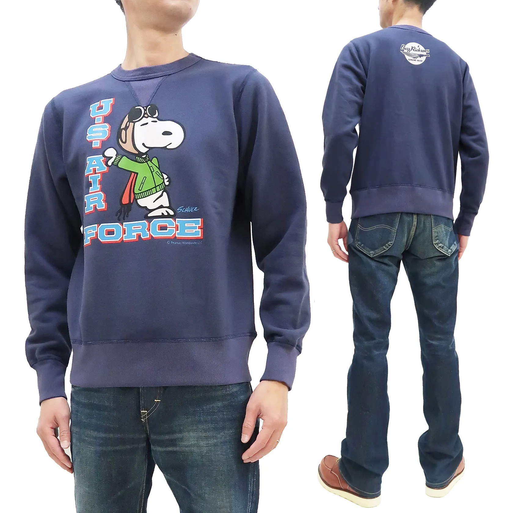 Buzz Rickson Sweatshirt Men's Loop-wheeled Vintage Style Military Snoopy Sweatshirt BR69071 128 Faded-Navy-Blue