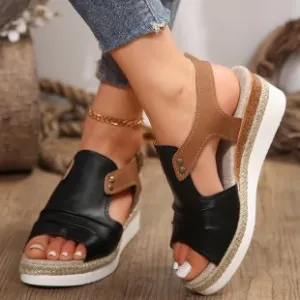 DEANWANGKT  Foreign Trade plus Size Straw High Heel Sandals Women's  New Thick-Soled Peep Toe Roman Shoes Buckle High Heel Women's Sandals