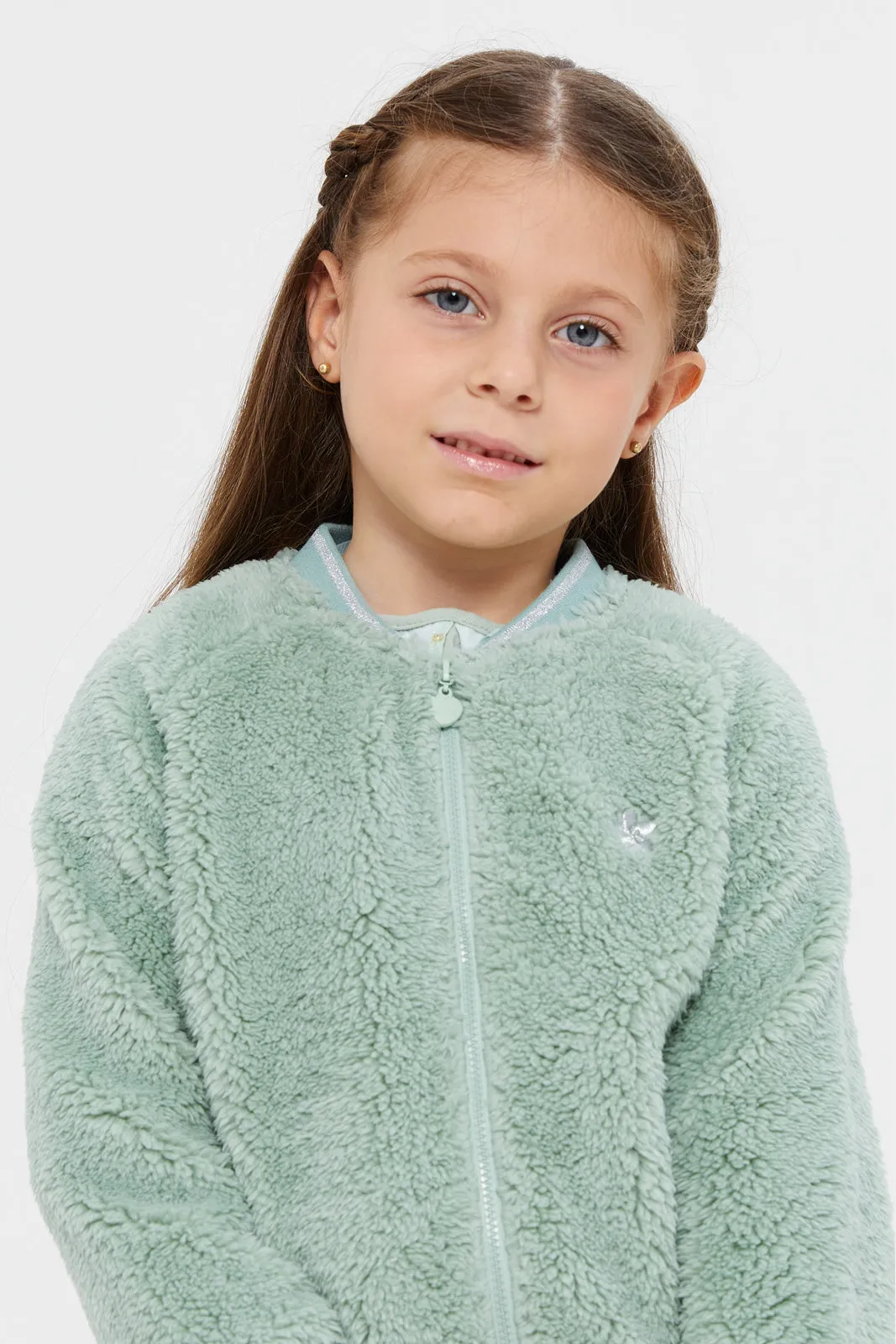 Girls Green Front Zipper Sweatshirt