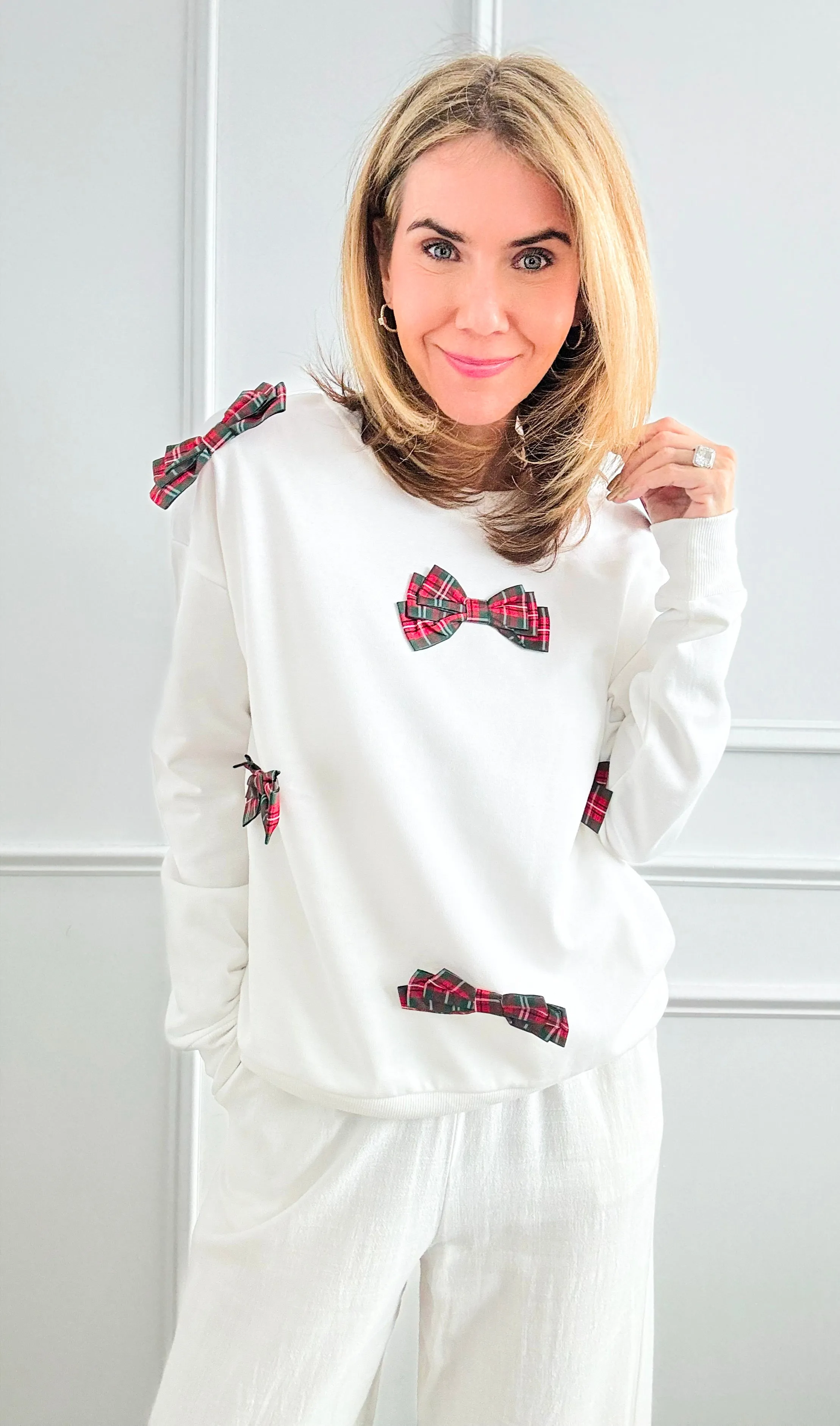 Multi Plaid Bow Sweatshirt - White