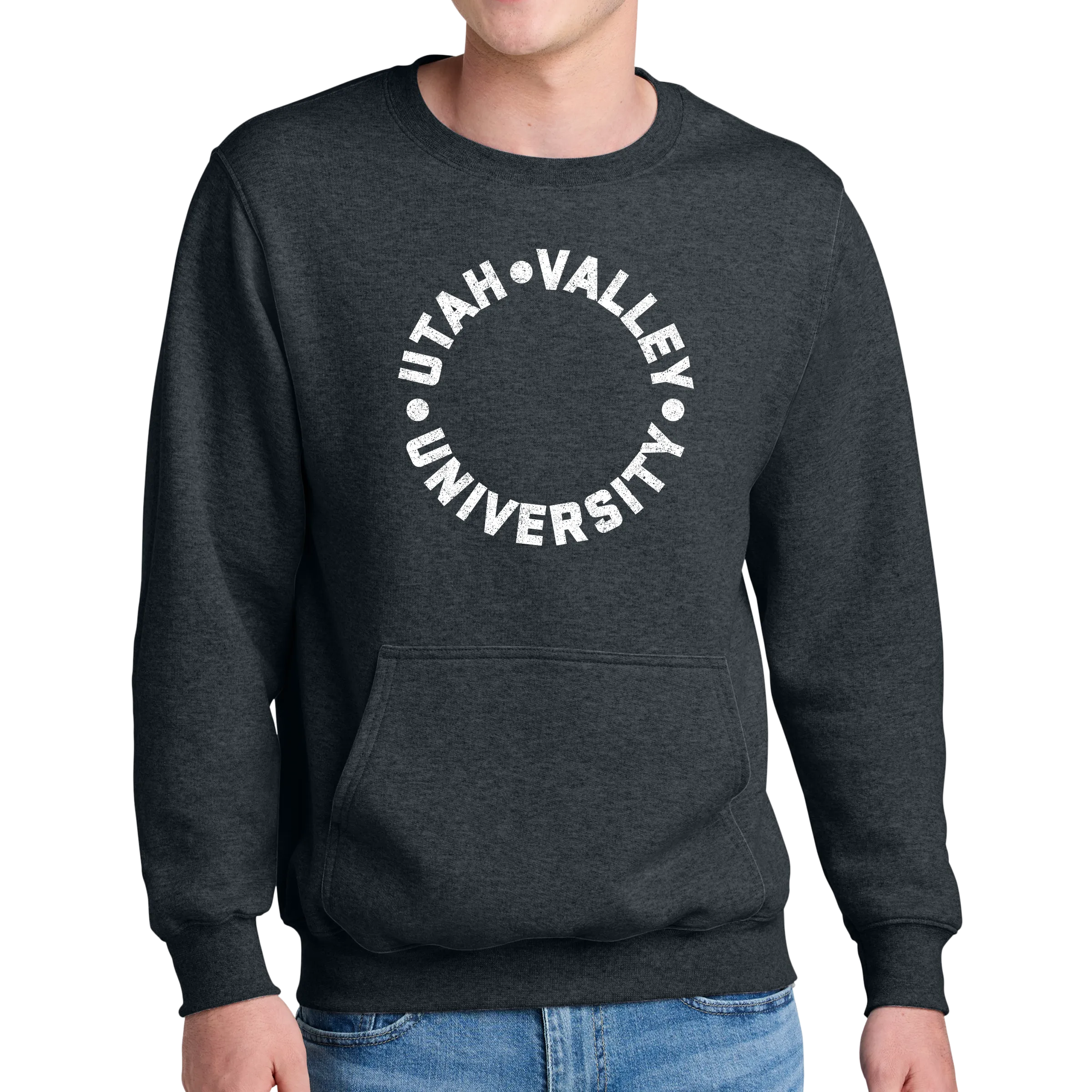 Port & Company® Core Fleece Crewneck Pocket Sweatshirt - UVU Distressed