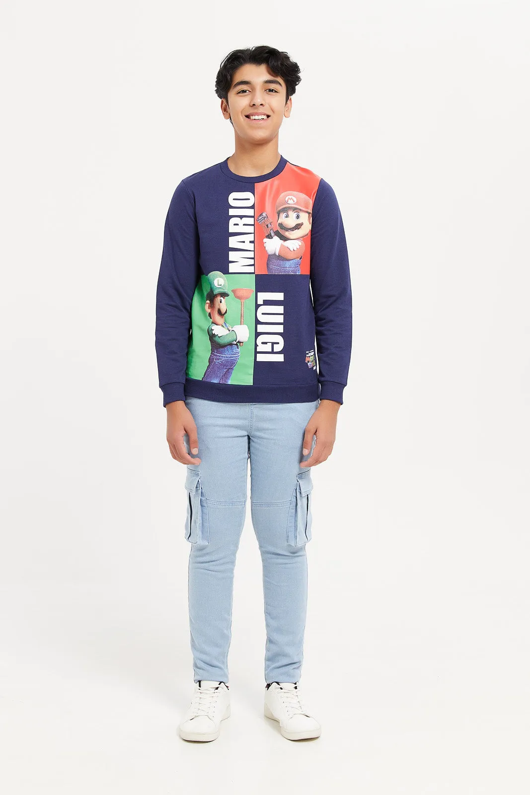 Senior Boys Navy Mario And Luigi Print Sweatshirt