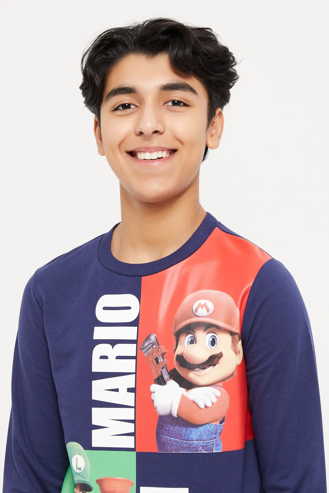 Senior Boys Navy Mario And Luigi Print Sweatshirt