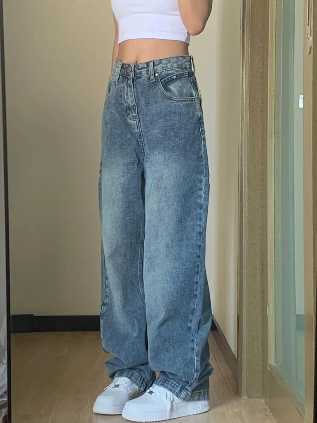 Wenkouban Blue basic boyfriend jeans with a washed look