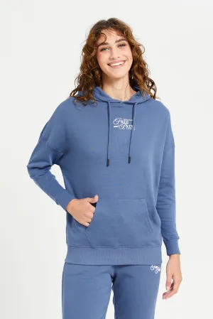 Women Blue Placement Print Hooded Sweatshirt