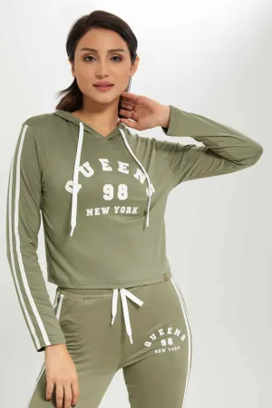 Women Olive Hoodie Embellished Sweatshirt